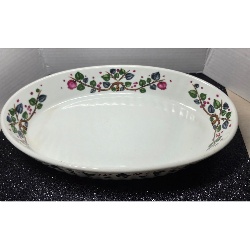 Vintage Oval Ceramic Baking Dish‎ Fruit Vine Pomegranate White 12 Inch Casserole